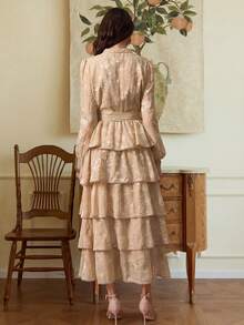 Elegant Embroidered Fabric Full-Open Front Multi-Layered Luxury Cake Dress For Women Vacation Spring - Khaki - View 6