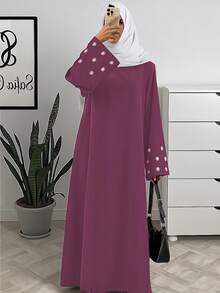 1 buah Jubah Panjang Muslim Wanita, Gaun Muslim Ukuran Besar Lengan Panjang Bordir Bunga, Kain Rajut Lembut untuk Pakaian Islami Sehari-hari & Formal - Hot Pink - View 1