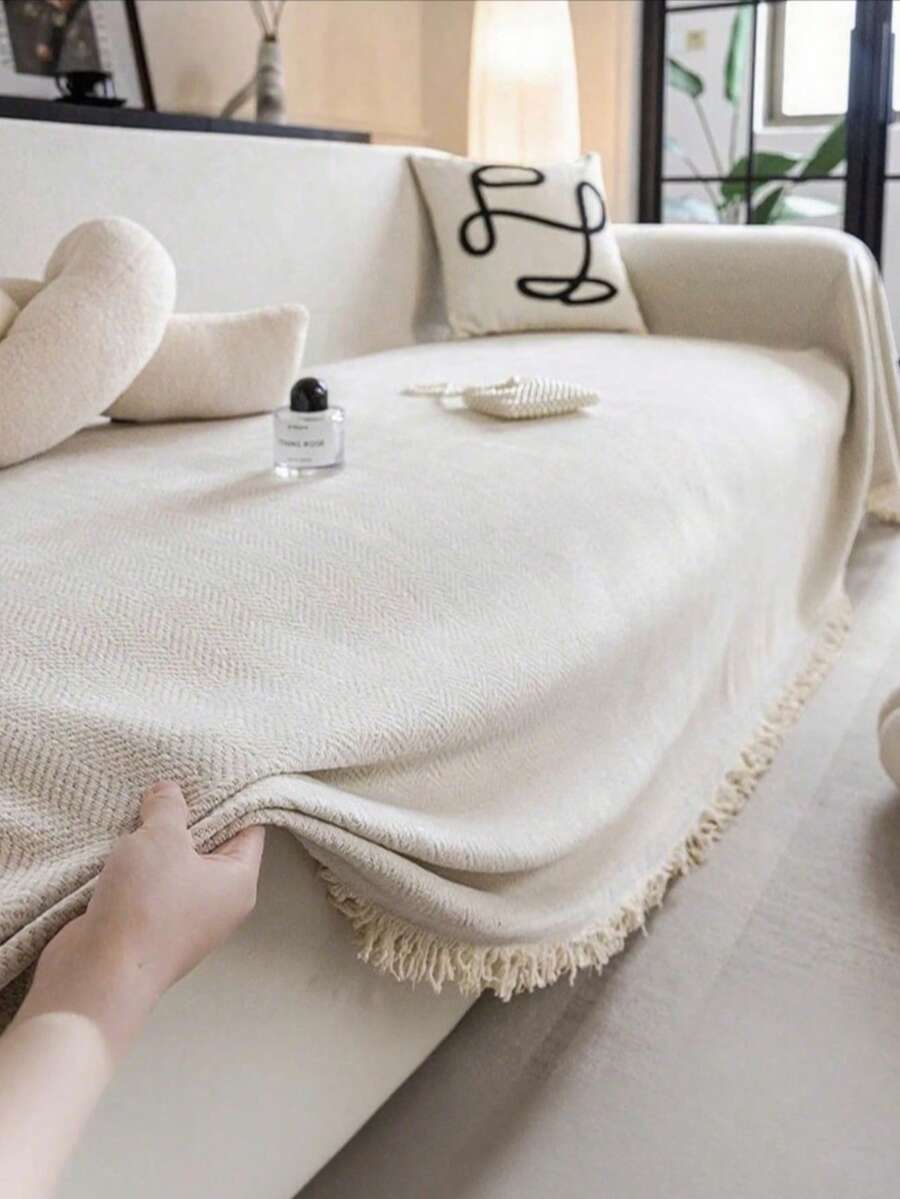 1 件雪尼尔纯色流苏沙发套，采用防刮技术制作，适用于客厅、卧室、办公室、家居装饰，适用于 1/2/3/4 座沙发