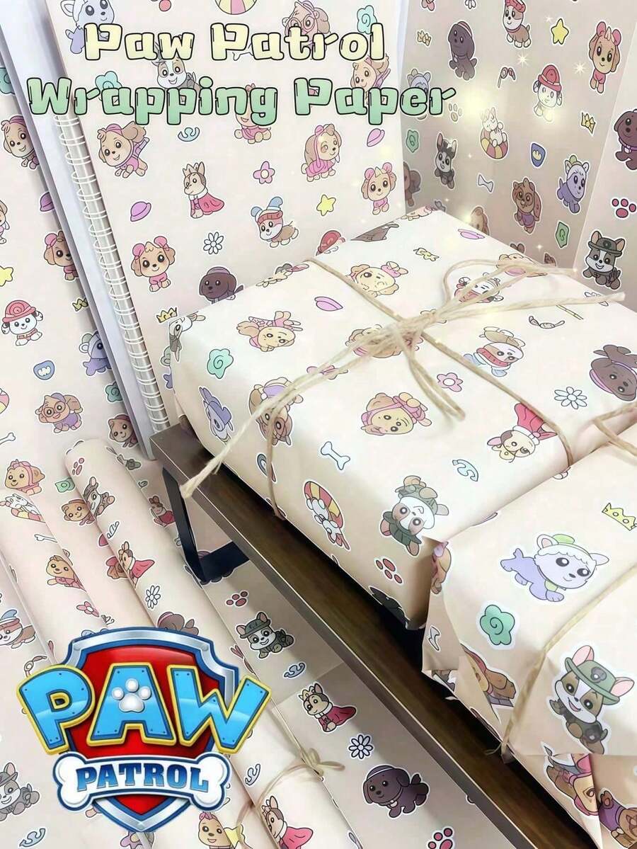 Paw Patrol 3卷可爱卡通人物汪汪队立大功印花礼品包装纸，尺寸70 x 50厘米，适合毕业、返校、新年和生日派对装饰 - 米色可爱小狗图案，实用大尺寸礼品包装纸，也可作书皮使用