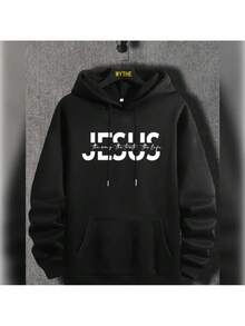 "JESUS" Print Sweatshirt, Men's Sweatshirts, Graphic Sweatshirt With Kangaroo Pocket, Comfortable And Modern Hooded Pullover, Men's Autumn/Winter Clothing - 黑色 - 查看 1