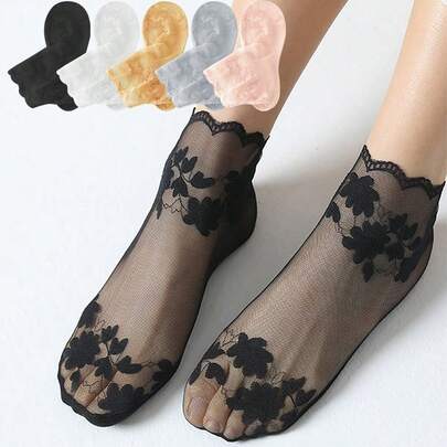 1/5/10 Đôi tất ngắn cổ chân nữ thoáng khí, co giãn, ren trong suốt, mỏng nhẹ, chống trượt, họa tiết lá cây, dành cho mùa hè.