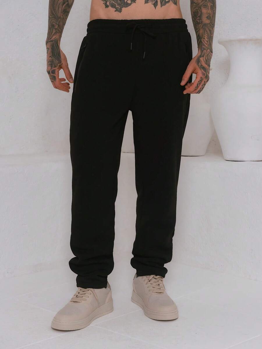 Men's Fleece Sweatpants / Zippered Pockets / Elastic Waistband - Black - View 1