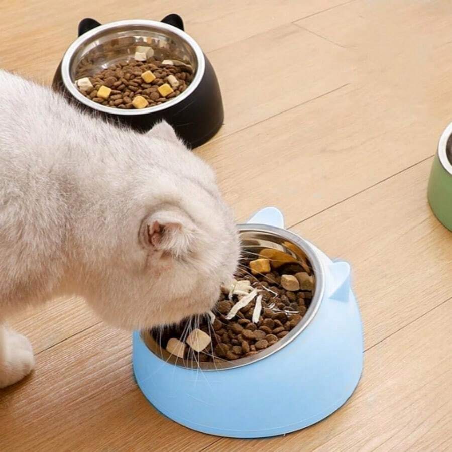 Tazón para gato de acero inoxidable con orejas, tazón para gato que protege el cuello, tazón para mascotas inclinado, tazón de plástico antiderrame