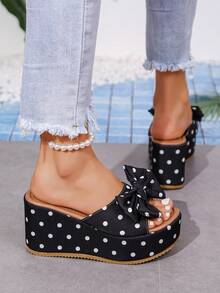2026 女士凉鞋，黑白波点蝴蝶结厚底坡跟时尚凉鞋，女士时尚圆头套脚增高舒适凉鞋，适合春夏休闲、日常、派对穿着，可搭配连衣裙 - 黑色 - 查看 7