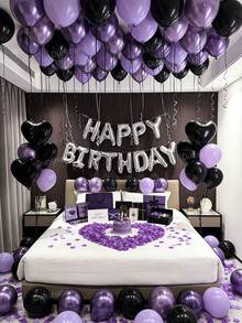18-70pcs Women's Purple Birthday Decoration Set - Designed For Women's Birthday Celebrations, Silver "Happy Birthday" Banner, Black Heart-Shaped Foil Balloons, Soft Purple Thick Latex Balloons, Perfect For Birthday Party Decor, Anniversary, Hotel Midnight Birthday Party, Holiday Gifts, Party Supplies, Essential For Party Decoration. - Multicolor - View 7