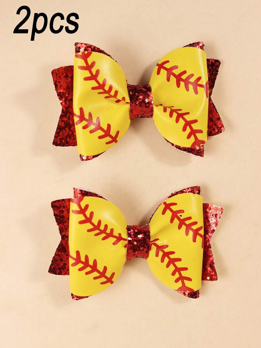 2 buc cleme de păr cu fundă și imprimeu de baseball, minimaliste și practice, multifuncționale - Galben - Vizualizare 1