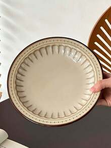 1 Stück französischer Retro geprägter Keramik Westlicher Teller, hochwertige Keramik Teller mit Blumen Rand und Punkten, Pasta Teller, Steak Teller, kreative Gemüse Salat Platte, Kuchen Dessert Platte, geeignet für Zuhause, Restaurant, Zusammenkünfte, Partys, Geschenke - Braun - Übersicht 10