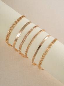 Set de 6 piezas de pulseras de cadena dorada en capas para mujeres, paquete de pulseras apilables con eslabón cubano y trenzado de espiga, joyería de moda minimalista para uso diario y de fiesta - Set 6 piezas cadena simple dorada - Ver 5
