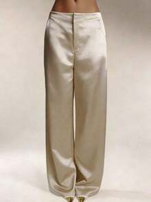 Women's Satin Silk Solid Color Pants With Pockets And Zipper, Suitable For Vacation, Office, Brunch, Airport , All Seasons Black Spring - 香檳色 - 查看 5