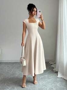 Women's Elegant Square Neck Fitted A-Line Midi Dress, Spring Summer Casual Vacation Wear - Màu be - Xem 4