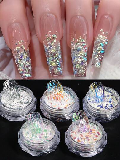 5pcs Shimmering Iridescent Glitter Summer Nail Art Sequins, Holographic 3D Thin Hexagon Nail Art Glitter Flakes Aurora Mermaid Design, Shiny Dewdrop Luster Sequins Supplies For Women Girls DIY Music Festival Nail Charms Decorations
