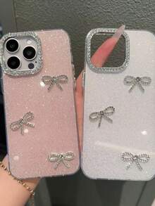 奢华闪亮水钻相机手机壳，适用于 16 15 14 13 12 11 Pro Max Plus，3D 闪亮蝴蝶结软透明后盖，防水防震防摔防刮 - 白色 - 查看 3