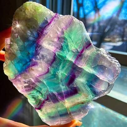 1 Tấm đá Fluorite cầu vồng - Đá mài bóng nhiều màu sắc óng ánh với các họa tiết vân đá cẩm thạch màu xanh lá cây, xanh dương, tím, hồng, vàng, trong suốt - Trang trí nhà theo phong cách Bohemian, đá thiền định, vật trang trí độc đáo cho ngày lễ