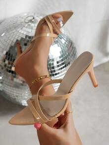 Pantofi eleganti cu toc stiletto, culoare nud, cu vârf ascuțit și barete încrucișate, versatili pentru naveta și întâlniri - Caisă - Vizualizare 6