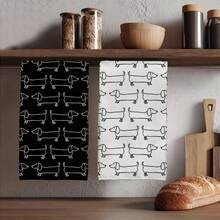 2条黑白涂鸦香肠狗图案厨房毛巾，可作洗碗布，乔迁礼物，朋友生日礼物，妈妈礼物 - 2件裝40*60cm - 查看 3