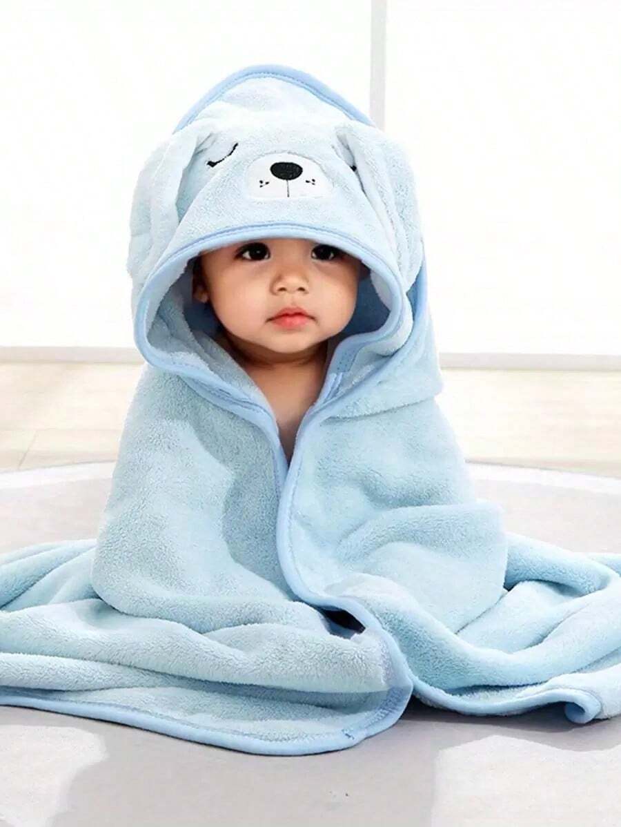 1pc Unisex Polyester Fabric Hooded Coral Fleece Soft & Quick Dry Bathrobes, Baby Blanket, Suitable For Bathing, Beach, All Seasons, Size 80cm/31.5inch*80cm/31.5inch - Màu xanh lam - Xem 1