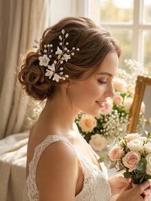 3件套优雅仿珍珠水钻白色花朵U型发夹，新娘婚礼伴娘发饰，仙女甜美发髻发夹 - 彩色 - 查看 2