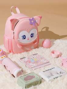 可爱狐狸图案幼儿背包，带防丢带，卡通动物儿童书包，轻便防水学前背包，适合女孩，旅行和日常使用 - 粉色 - 查看 3