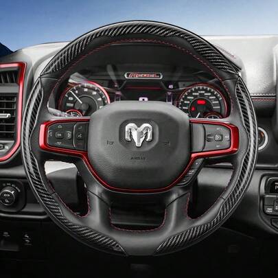 Hocasen For Ram Segmented Carbon Fiber Steering Wheel Cover Sporty Style Non-Slip Comfortable Grip 2 Pieces/3 PiecesSet Options Quick-Install Design All-Season Compatibility For Pickup/ProMaster/Rampage/1500/2500/3500/4000/4500/5500/700/1000 Black Blue Silver Red White