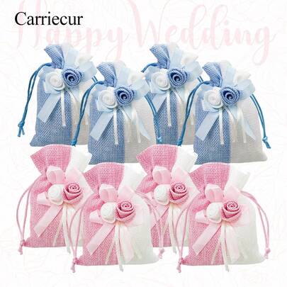CARRIECUR 玫瑰花和丝带装饰的抽绳礼品袋，蓝色和粉色婚礼糖果袋，适用于新娘送礼会、新娘派对、婴儿性别揭晓派对、家庭收纳、毕业派对和小珠宝礼品包装。