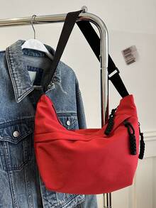 Fashionable Solid Color Nylon Waterproof Shoulder Bag, Casual Minimalist College Style, Wide Strap, Multiple Zipper Design, Suitable For Students, Shopping, Daily Use - Red - View 12