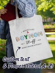 定制花卉字母手提袋，A-Z花卉字母帆布单肩手提袋，适合日常购物、工作或旅行，个性化文字手提袋，母亲节、生日或节日惊喜礼物之选，时尚大容量手提包，可定制姓名手提袋，可定制字母设计 - 彩色 - 查看 2