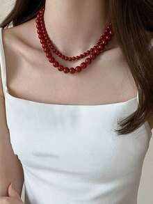 1 chiếc vòng cổ hạt cườm màu đỏ phong cách tối giản cổ điển, vòng cổ choker thanh lịch. - vòng cổ đính cườm - Xem 7