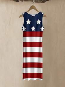 One American Casual Knit Draped Women's V-Neck Sleeveless Maxi Dress, Red White & Blue Color Block, US Flag Print, Summer, Machine Washable - 彩色 - 查看 5
