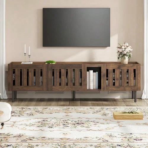 160*40*47cm Lowboards,Minimalist TV-Schrank,TV-Ständer Aus Walnussholzfarbe,Schrank Mit Durchbrochenem Design,TV-Board Geeignet Für 65-Zoll-Fernseher,MDF - Walnut + MDF - View 1