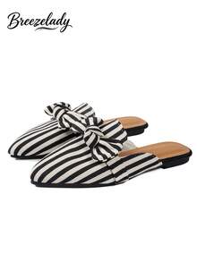 Women's Spring/Autumn Korean Style Pointed Toe Light Blue Bowknot Vertical Striped Design Versatile Plus Size Flat Slip-On Mule Slippers, Casual & Slouchy Style, Fashion Indoor/Outdoor Leisure Home Slippers - Black and White - View 3