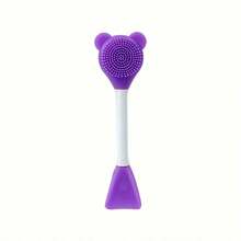 2-In-1 Bear-Shaped Silicone Facial Cleansing Brush And Mask Applicator - Dual-Ended, Battery-Free, Fragrance-Free Skincare Tool For Women, Mixing Stick, Spoon Spatula, Home Mask Care - 紫色的 - 查看 1