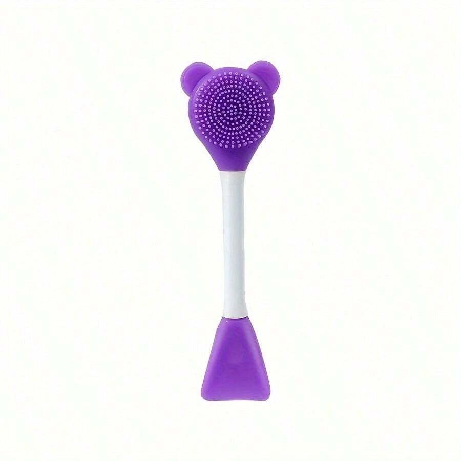 2-In-1 Bear-Shaped Silicone Facial Cleansing Brush And Mask Applicator - Dual-Ended, Battery-Free, Fragrance-Free Skincare Tool For Women, Mixing Stick, Spoon Spatula, Home Mask Care - 紫色的 - 查看 1