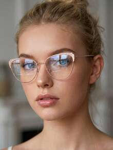 1副女士猫眼水钻金属框柔韧镜腿平光镜片眼镜，时尚百搭，日常佩戴，适合使用手机和电脑 - 玫瑰金 - 查看 1