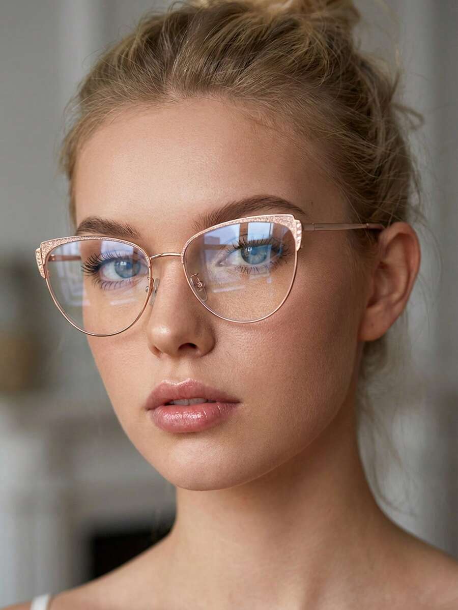 1副女士猫眼水钻金属框柔韧镜腿平光镜片眼镜，时尚百搭，日常佩戴，适合使用手机和电脑 - 玫瑰金 - 查看 1