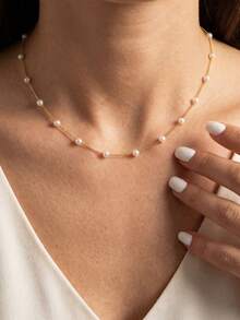 1pc Fashionable Minimalist Design Pearl Necklace, Suitable For Women's Daily Wear, Festivals, Gifts, And Dates - Gold - View 3