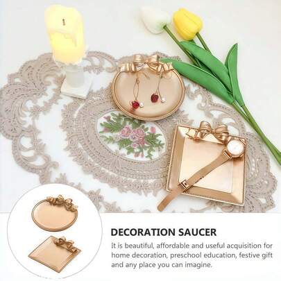 1pc Compact Elegant Resin Jewelry Tray With Golden Bow Decor, Ideal For Storing And Displaying Earrings, Rings, Necklaces, Bracelets And Other Jewelry, A Perfect Gift For Family And Friends