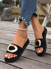 Fashionable Metal Buckle Decor Sandals, Versatile Slim, Non-Slip, Lightweight, Suitable For Commuting And Casual Wear, Plus Size - Black - View 2