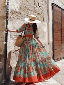 Elegant Romantic Printed & Solid Color Fabric Belt Dress, Resort Style For Women Summer - Multicolor - View 6