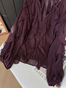 GMFP 女款夏秋休閒優雅時尚寬鬆酒紅色氛圍荷葉邊襯衫 六月節慶假期季節 - 酒紅色 - 查看 10
