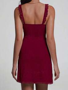 Elegant Fashion Ruffle Strap Bow Design Lace Patchwork Sleeveless Slim Fit Mini Dress Party Summer - Burgundy - View 4