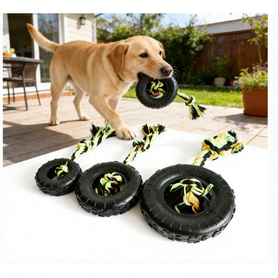 1个宠物狗玩具耐磨绳轮胎超强耐咬黑色橡胶玩具洁齿轮胎小型、中型和大型犬互动拔河棉绳 - 黑色 - 查看 1