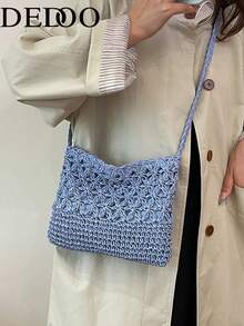Summer Fashion Versatile Casual Handwoven Large Capacity Beach Straw Crossbody Bag - Blue - View 12