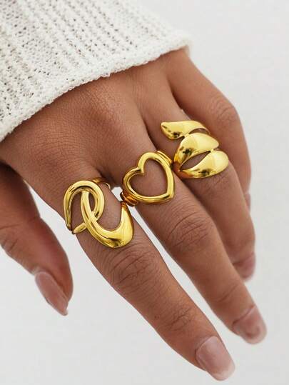 Frminee Set de 3 piezas/1 pieza de anillos geométricos de corazón grueso de acero inoxidable dorado, set de anillos apilables, joyería de declaración apilable, anillos de nudillo para mujer, adecuados para uso diario y vacaciones