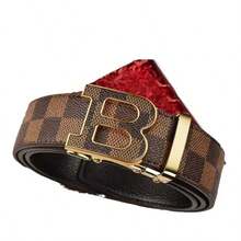 高级真皮腰带，男士高端质感，商务锌合金字母自动扣腰带，男士休闲百搭简约裤腰带，随机图案裁剪 - 多色 - 查看 6