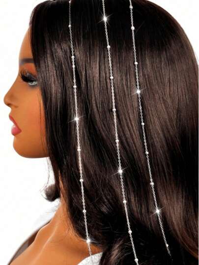 3pcs Women's Fashionable Silver Beaded Chain Design Hair Clips, Hair Accessories Set, Braids Beads Hair Clips, Metal Decorative Jewelry/Accessories