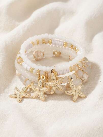Pulsera de 4 piezas con diseño en capas con forma de estrella, con un estilo bohemio apilable, adecuado para niñas y ocasiones de ocio en la playa. Es un excelente regalo.