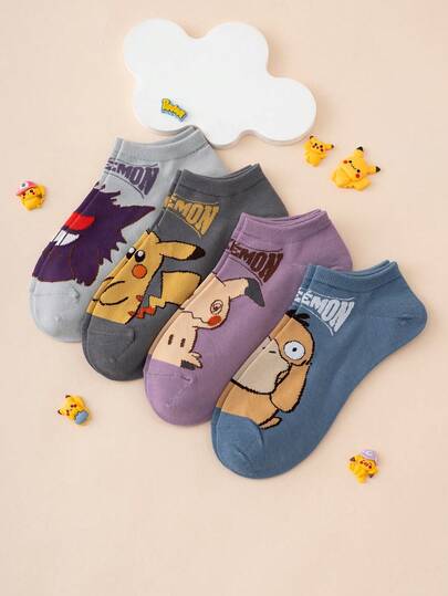 pokemon 4 Pairs Women's Series , Genghis Khan Patterned Interesting Cartoon Colorful Jacquard Ankle Socks, Unisex, Sportswear, All Season, European And American Sizes, Comfortable Breathable Durable, Vibrant Colors, Suitable For Daily Wear, Premium Fabric, Non-Stuffy