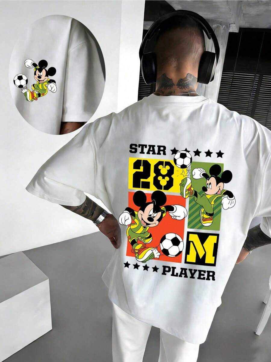 Disney Officially Licensed Mickey Mouse 28 M Player Retro Streetwear T-Shirt, 220g Heavyweight 100% Cotton Loose Oversized Tee, Men Women Casual Graphic Short Sleeve - 白色 - 查看 1