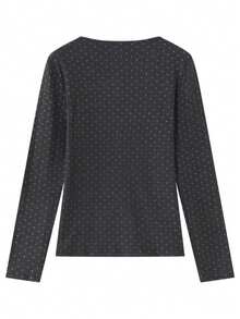 小众银箔图案圆领针织打底衫，直筒百搭款，可单穿或叠穿，女士针织长袖T恤，纽扣设计，略带弹性的面料，常规长度 - 深灰色 - 查看 6